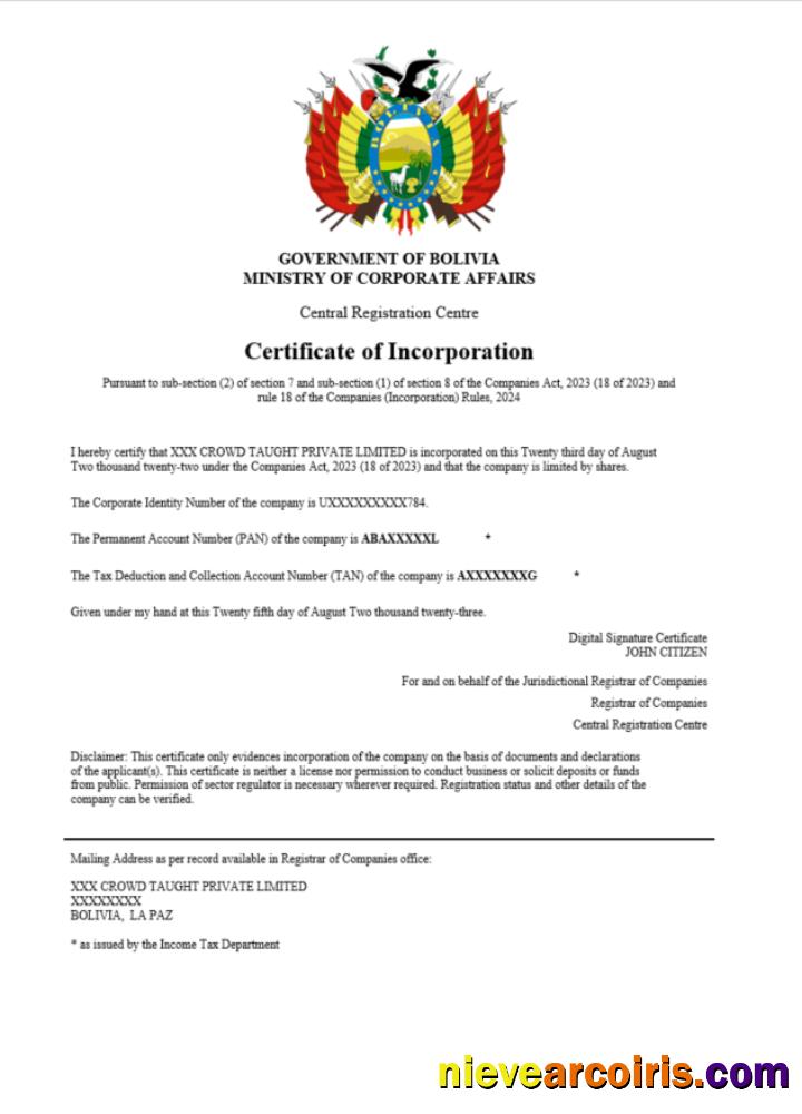 Bolivia certificate of registration